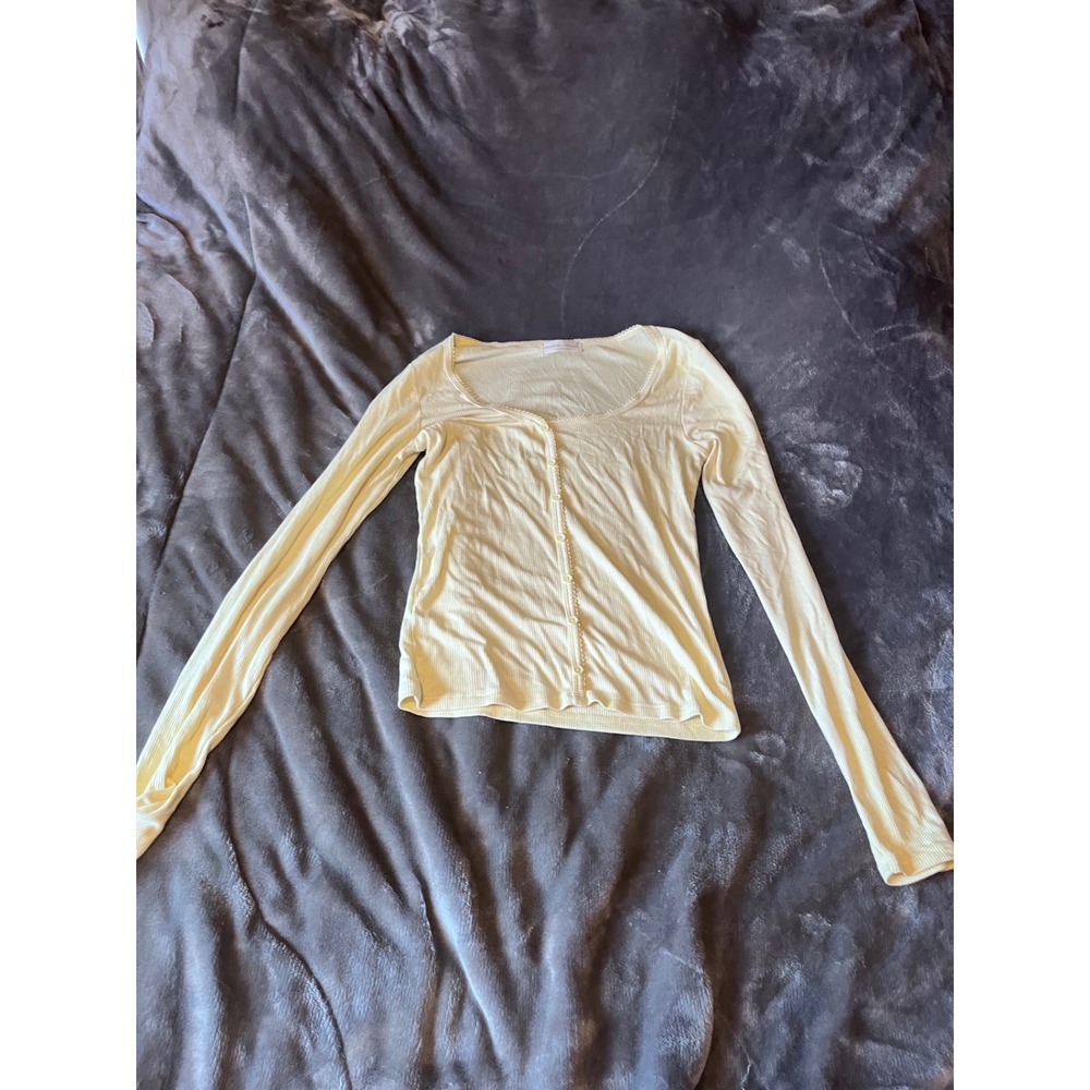 Frankee & Skylarr Yellow Ribbed Lace Trim Long Sleeve Button Front Cardigan M
